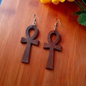 1PR Beautiful Dark Wooden Ankh Earrings Set